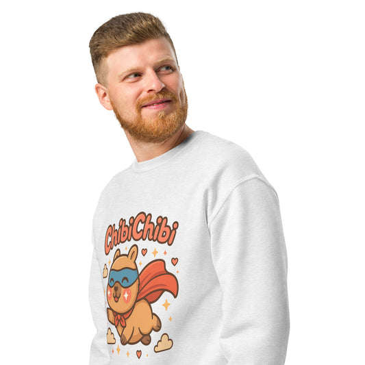 Man wearing a white sweatshirt with a cartoon character and 'Chibi Chibi' text on a white background