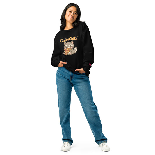 Person wearing a black sweatshirt with 'ChibiChibi' design and blue jeans on a white background
