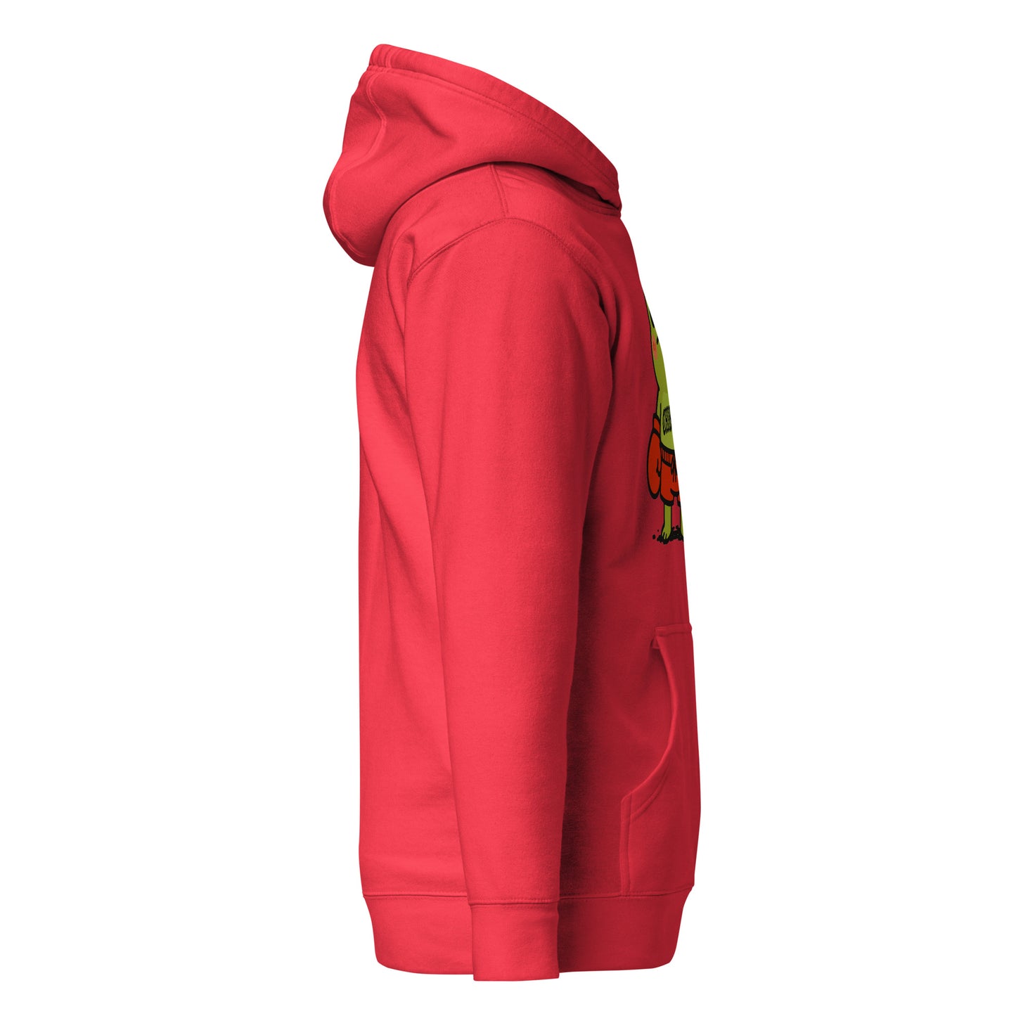 Red hoodie with a graphic on the sleeve against a white background