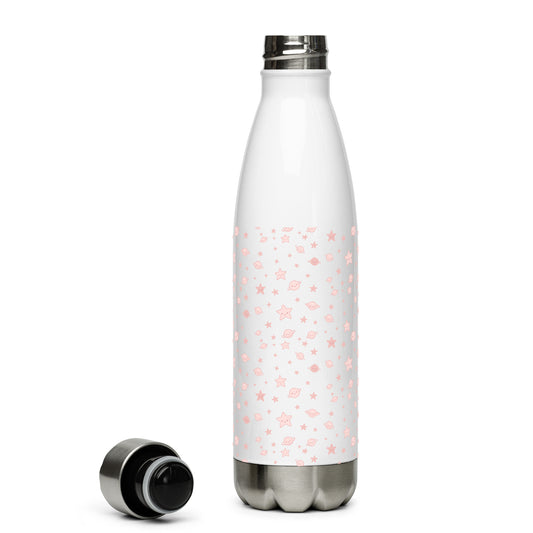 White water bottle with pink star pattern on a white background