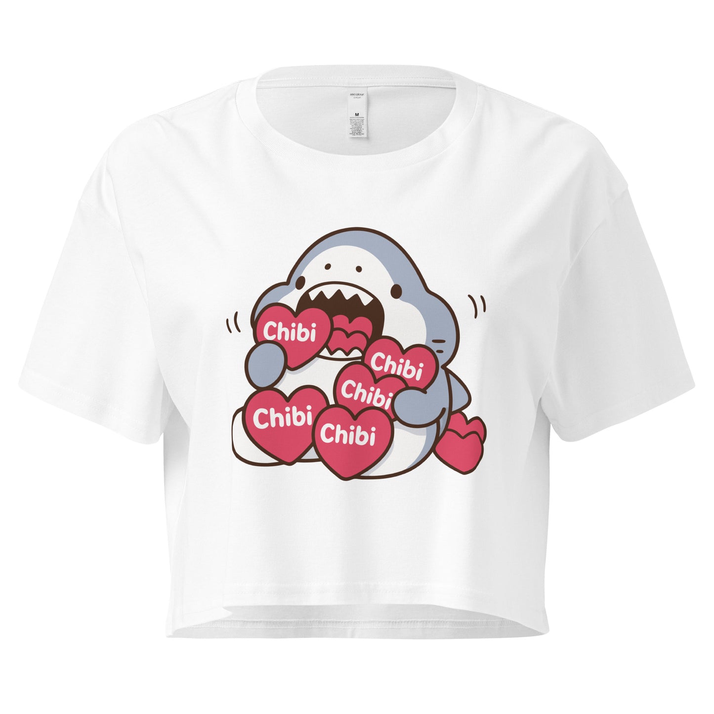 White t-shirt with a cartoon shark design and 'Chibi' text on a white background