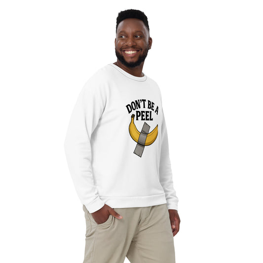 Man wearing a white sweatshirt with a banana graphic and text on a white background
