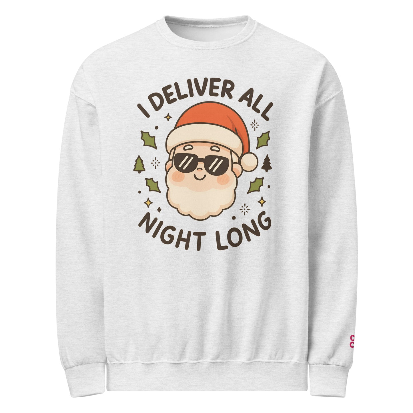 Unisex white Christmas sweatshirt with cute Santa “I Deliver All Night Long” design in ChibiChibi style.