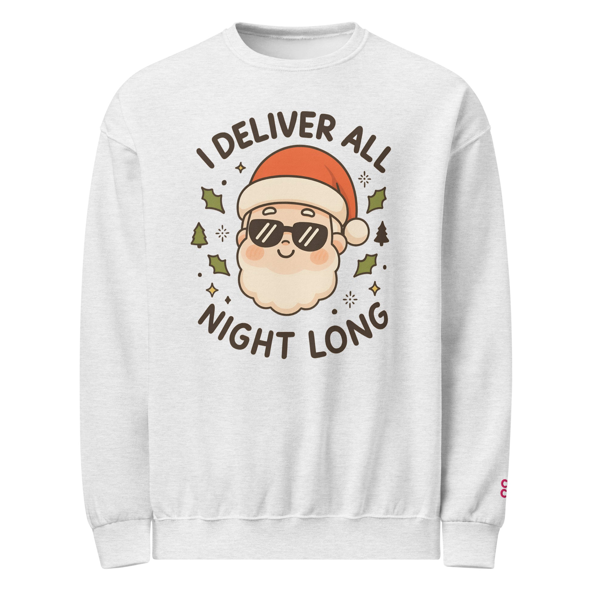 Unisex white Christmas sweatshirt with cute Santa “I Deliver All Night Long” design in ChibiChibi style.
