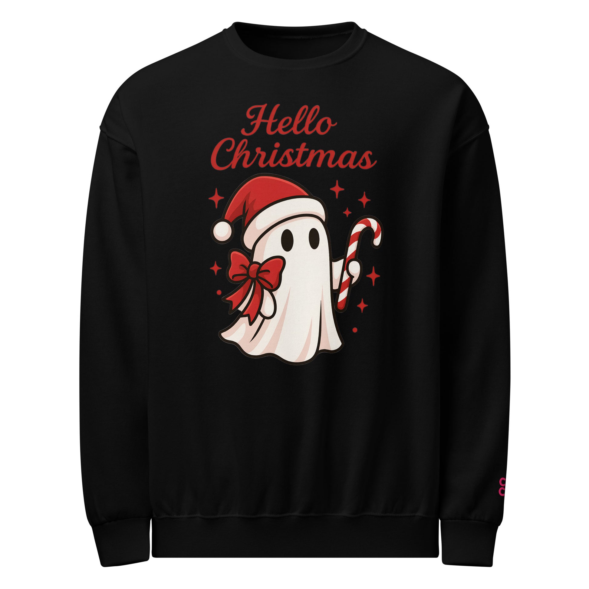Black unisex sweatshirt with a festive ghost wearing a Santa hat and holding a candy cane, with “Hello Christmas” text.