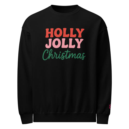 Black unisex Christmas sweatshirt with bold red, pink, and green “Holly Jolly Christmas” retro lettering.