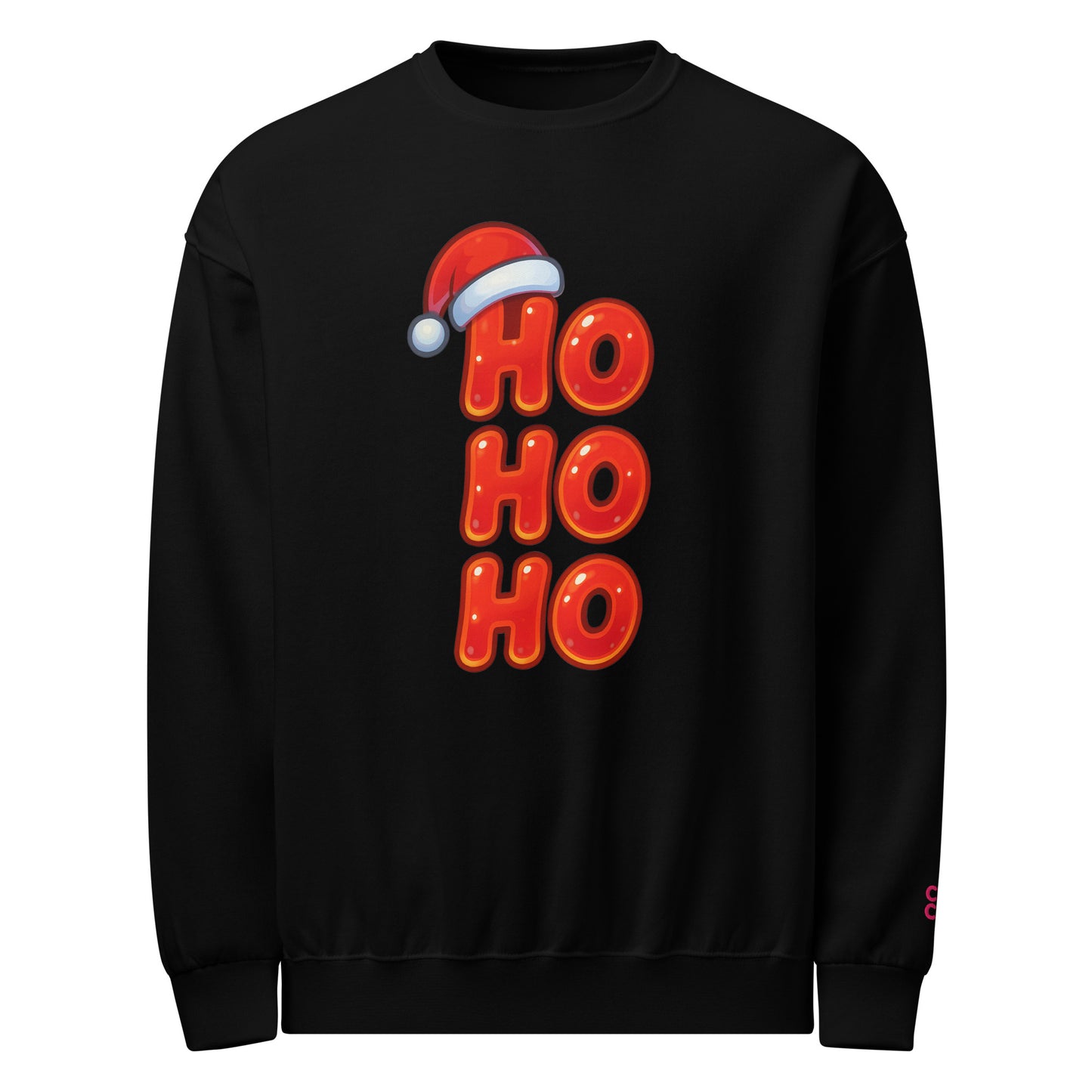 Unisex black Christmas sweatshirt with cute Santa hat “Ho Ho Ho” design in ChibiChibi style.