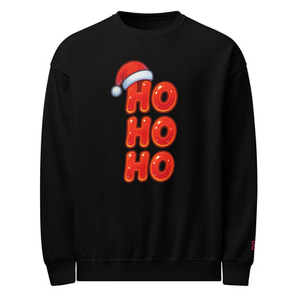 Unisex black Christmas sweatshirt with cute Santa hat “Ho Ho Ho” design in ChibiChibi style.