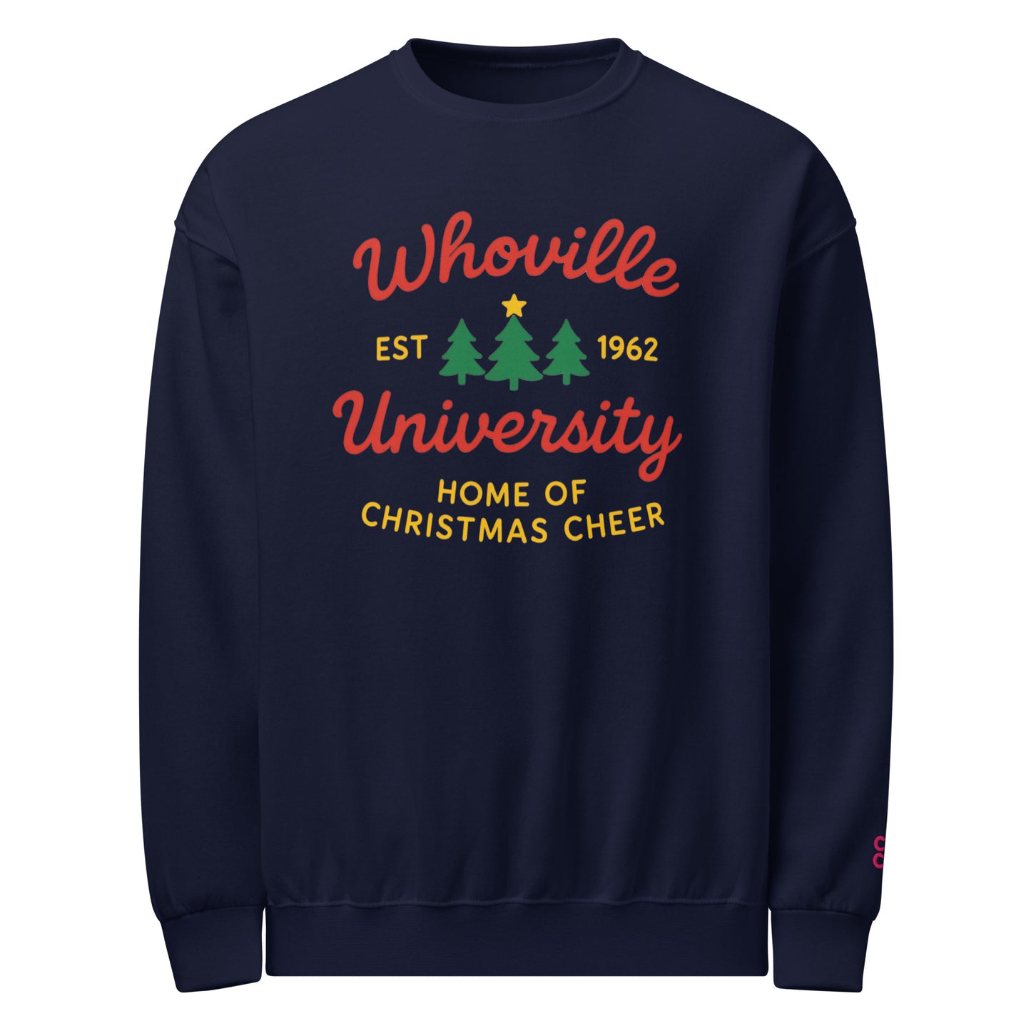 Back view unisex holiday sweatshirt in navy