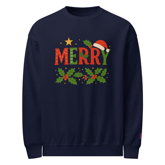 Navy unisex Christmas sweatshirt with bold red and green “Merry” text, holly graphics, and a Santa hat on the lettering.