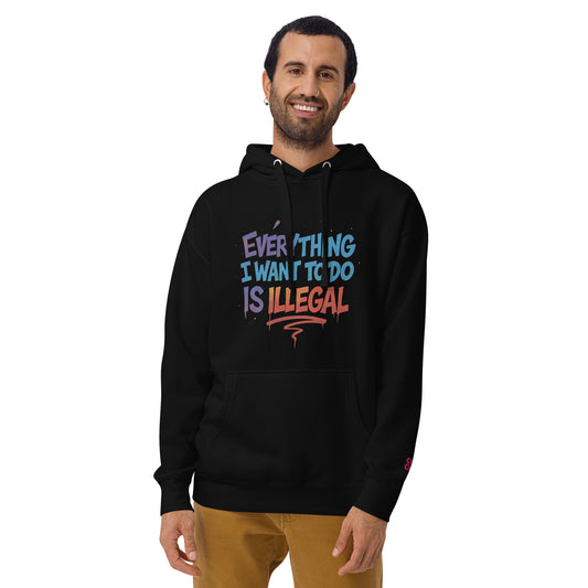 Man wearing a black hoodie with colorful text design on a white background