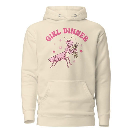 Beige hoodie with pink praying mantis graphic and 'Girl Dinner' text on a white background