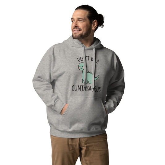 Man wearing a gray hoodie with a graphic and text on a white background