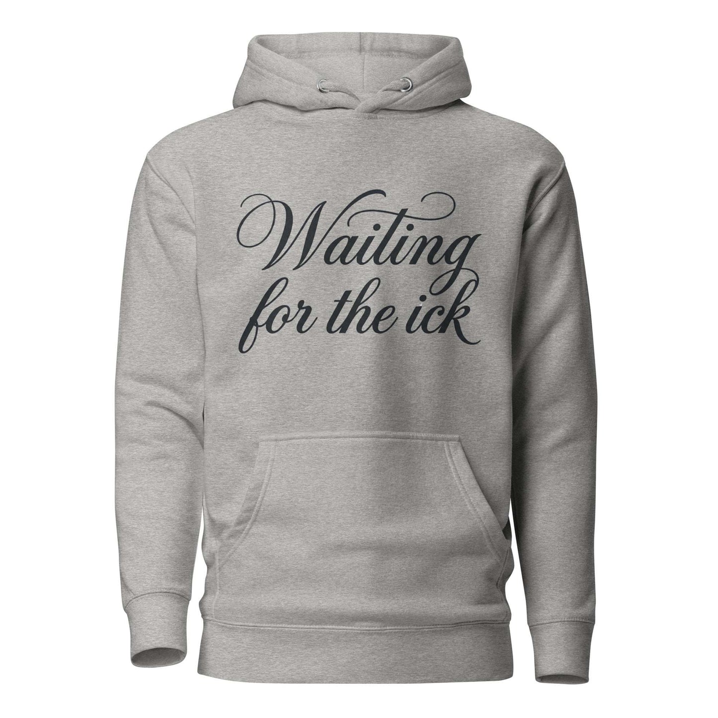 Gray hoodie with a text logo on a white background