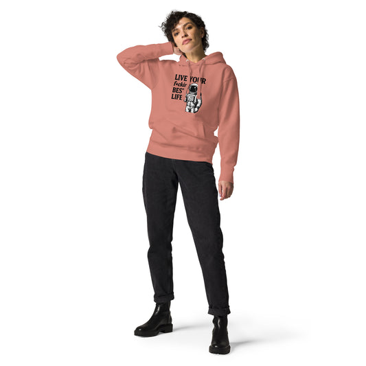 Person wearing a pink hoodie with a graphic design on a white background