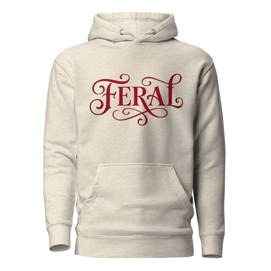 Beige hoodie with red 'FERAL' text on a white background