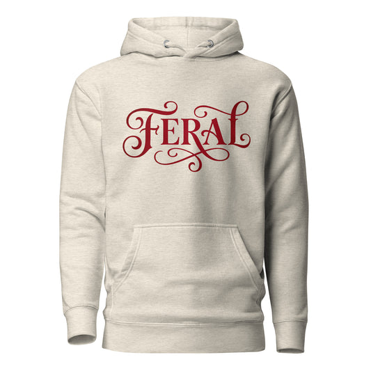Beige hoodie with red 'FERAL' text on a white background