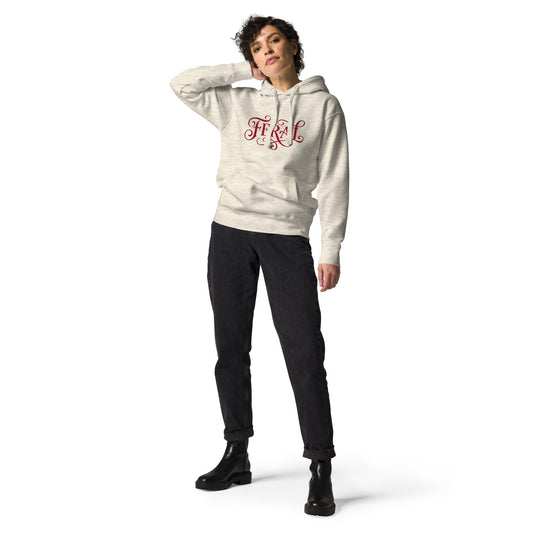Person wearing a white hoodie with text, black pants, and black boots on a white background