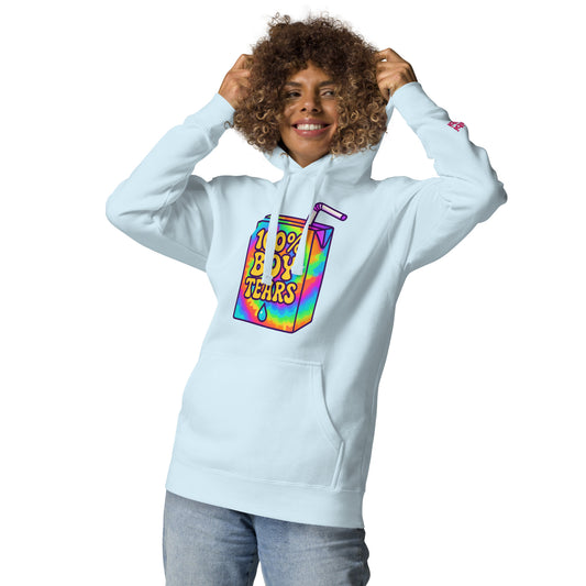Person wearing a light blue hoodie with a colorful graphic design on a white background