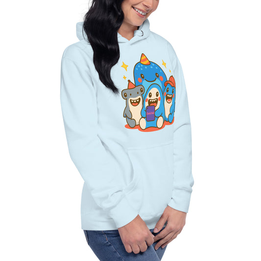 Light blue hoodie with cartoon shark design on a white background