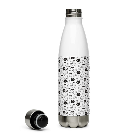 White water bottle with black cat pattern on a white background