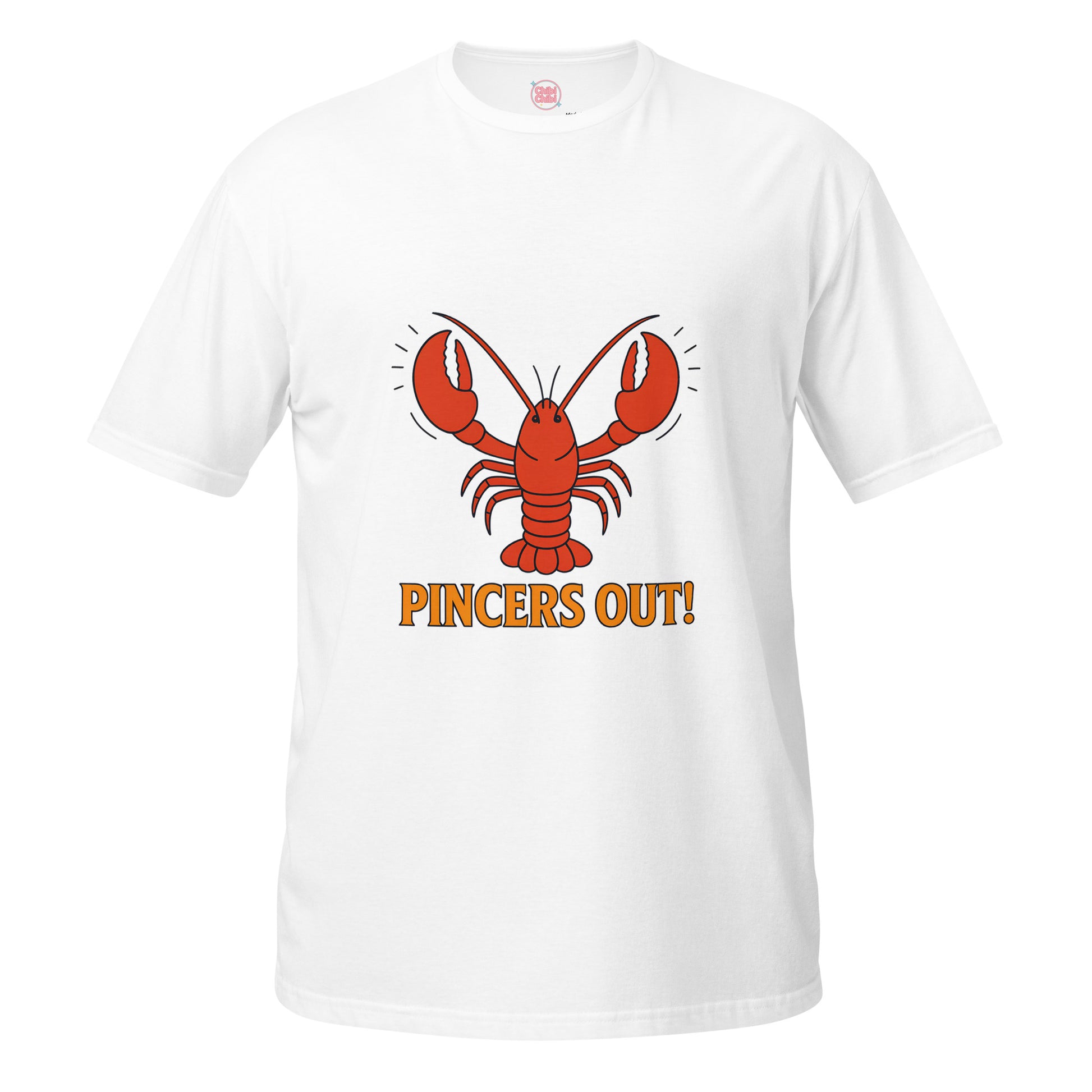 Unisex white T-shirt with a red lobster and “Pincers Out!” graphic in ChibiChibi style.