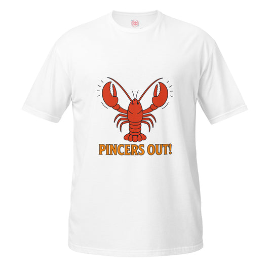 Unisex white T-shirt with a red lobster and “Pincers Out!” graphic in ChibiChibi style.