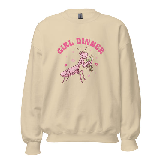 Beige sweatshirt with pink graphic design and text on a white background