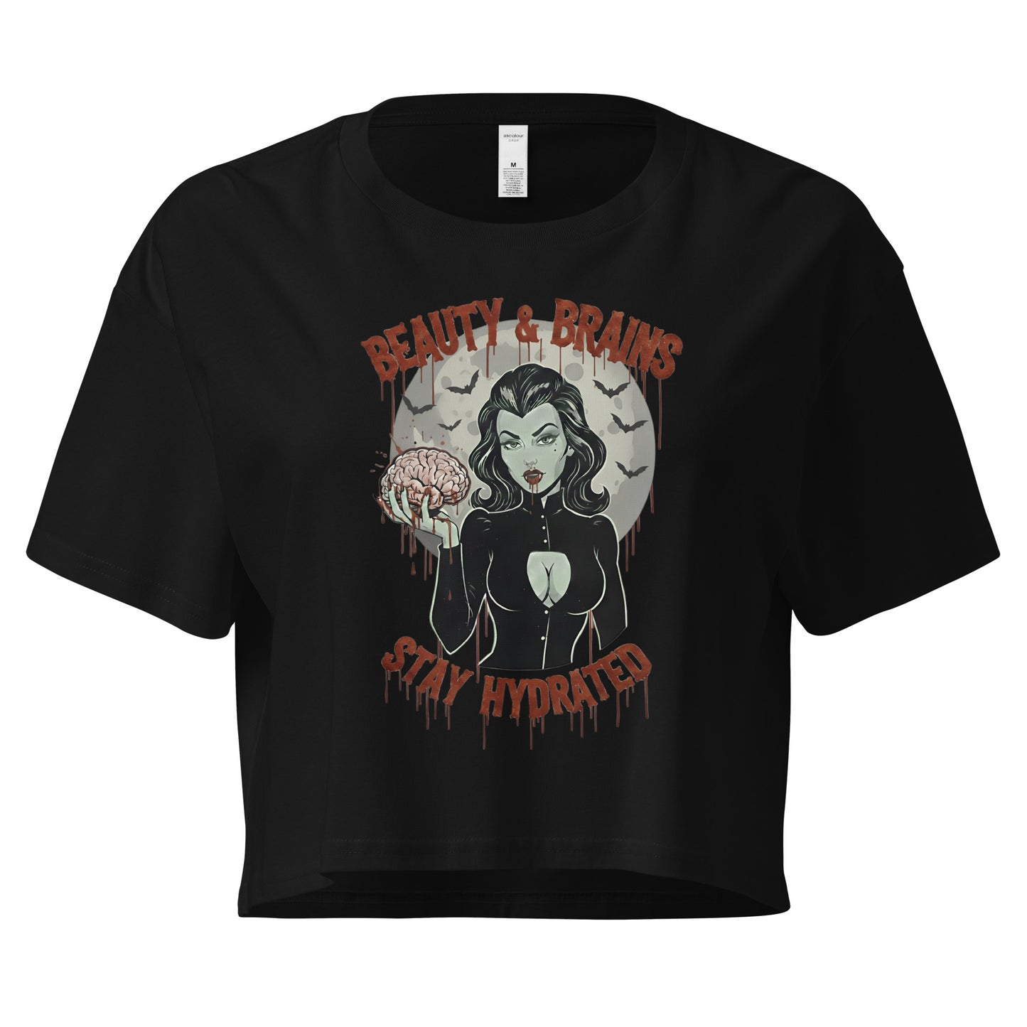 Black t-shirt with graphic design featuring a woman and text on a white background