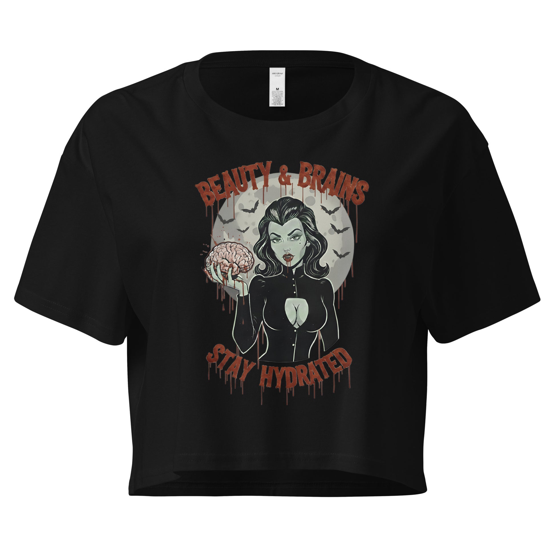 Black t-shirt with graphic design featuring a woman and text on a white background