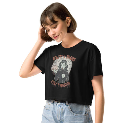 Model view of relaxed fit gothic crop top with dropped shoulders