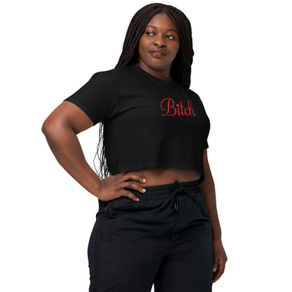 Woman wearing a black t-shirt with a logo on a white background
