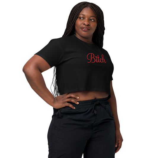 Woman wearing a black t-shirt with a logo on a white background