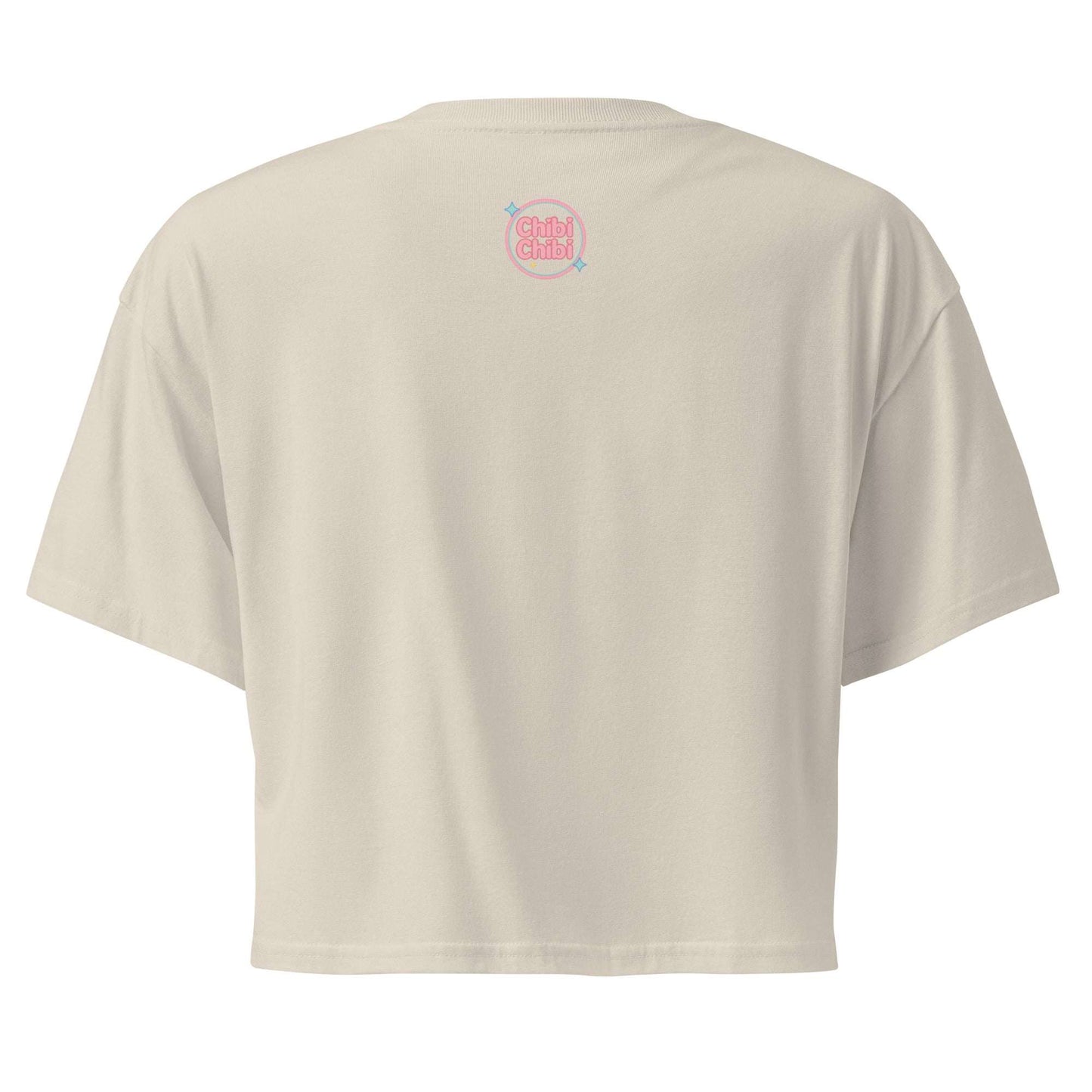 Beige t-shirt with a logo on the back against a white background