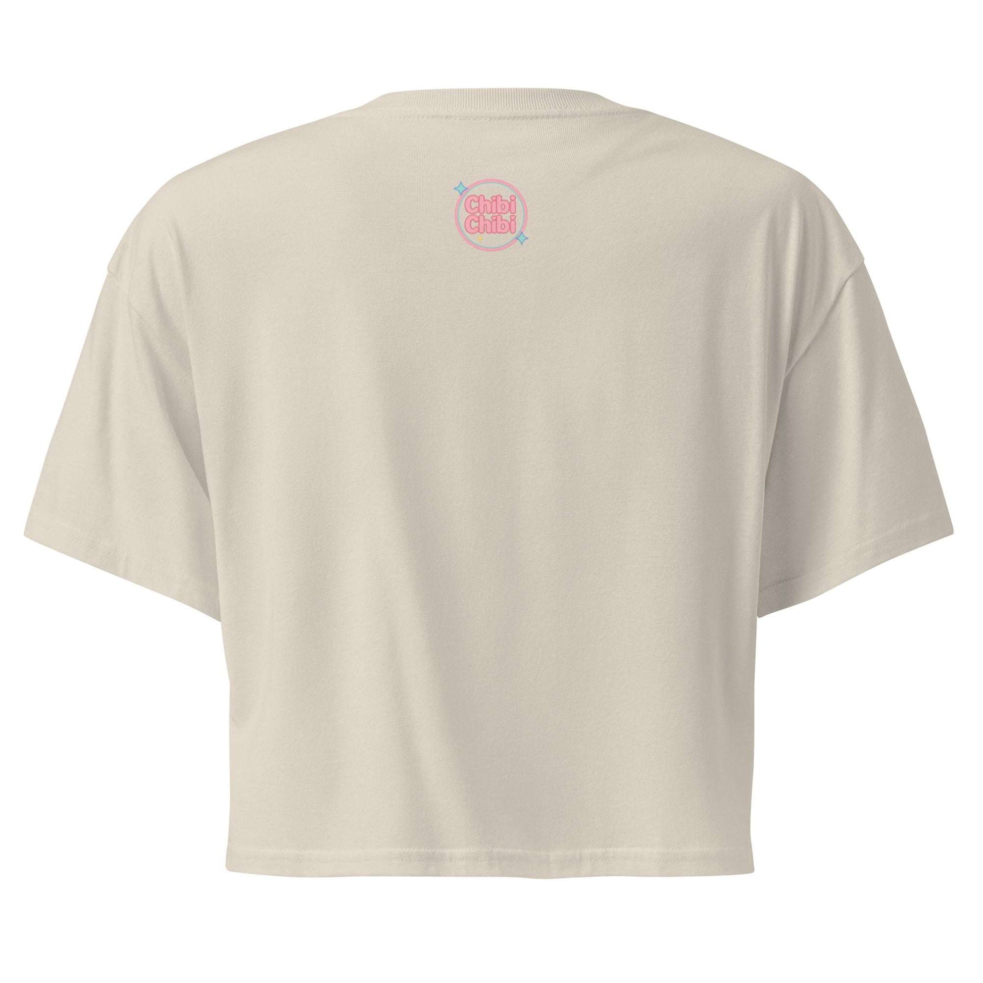 Beige t-shirt with a logo on the back against a white background
