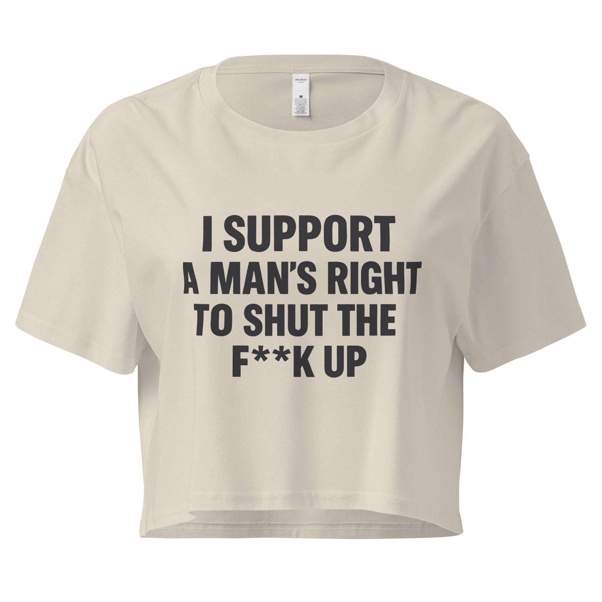 Beige crop top with black text on a white background