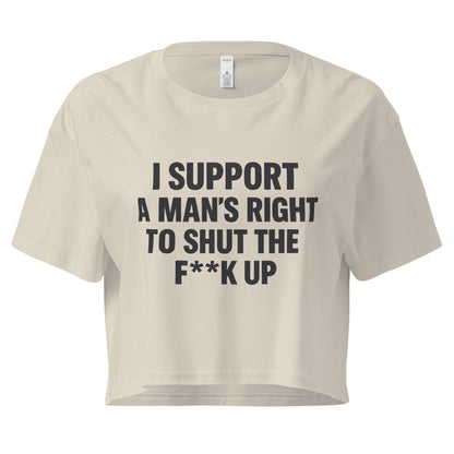 Beige crop top with black text on a white background