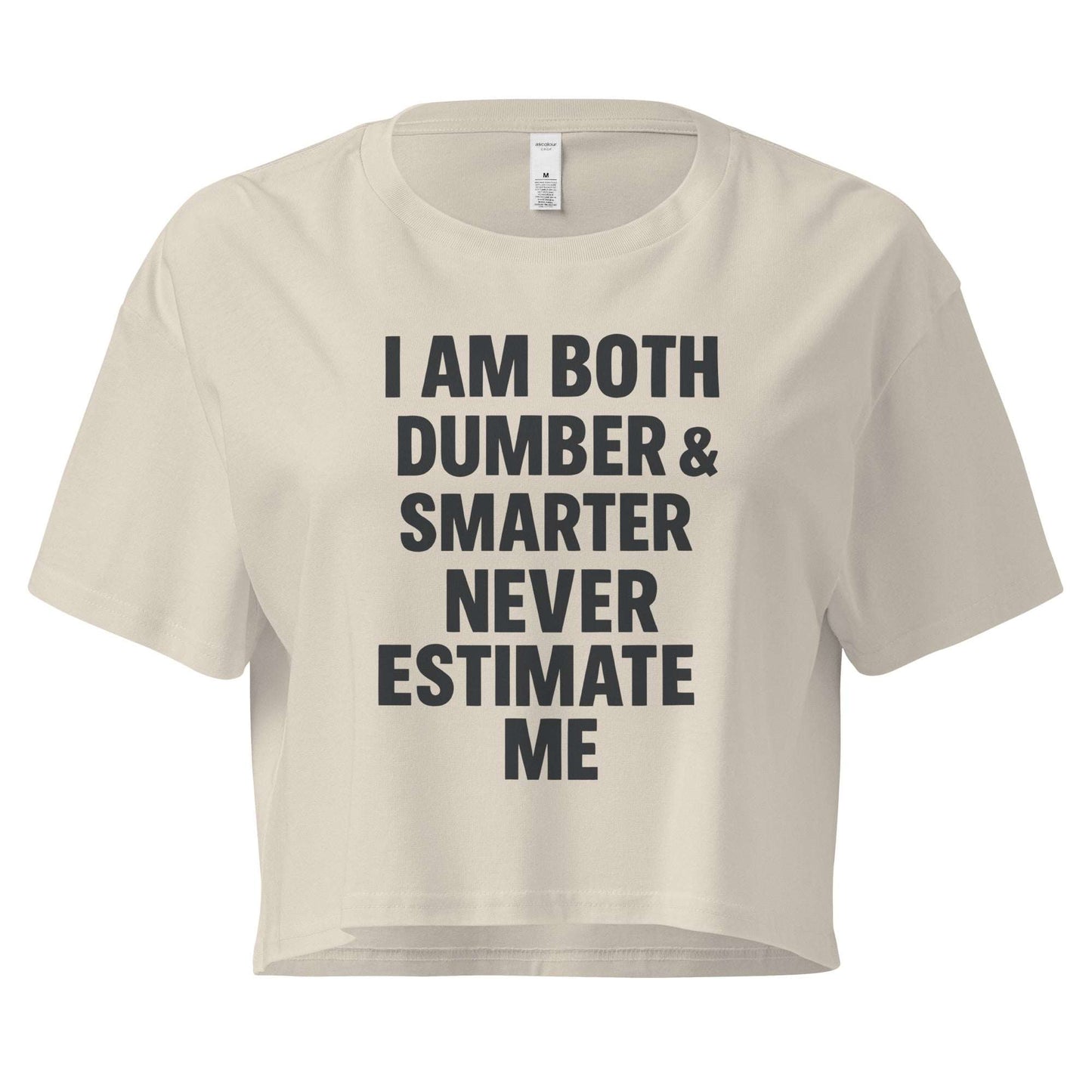 Beige crop top with black text on a white background