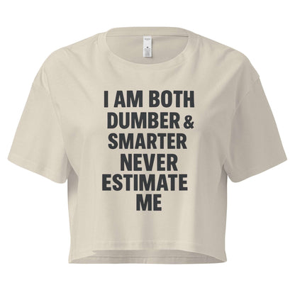 Beige crop top with black text on a white background