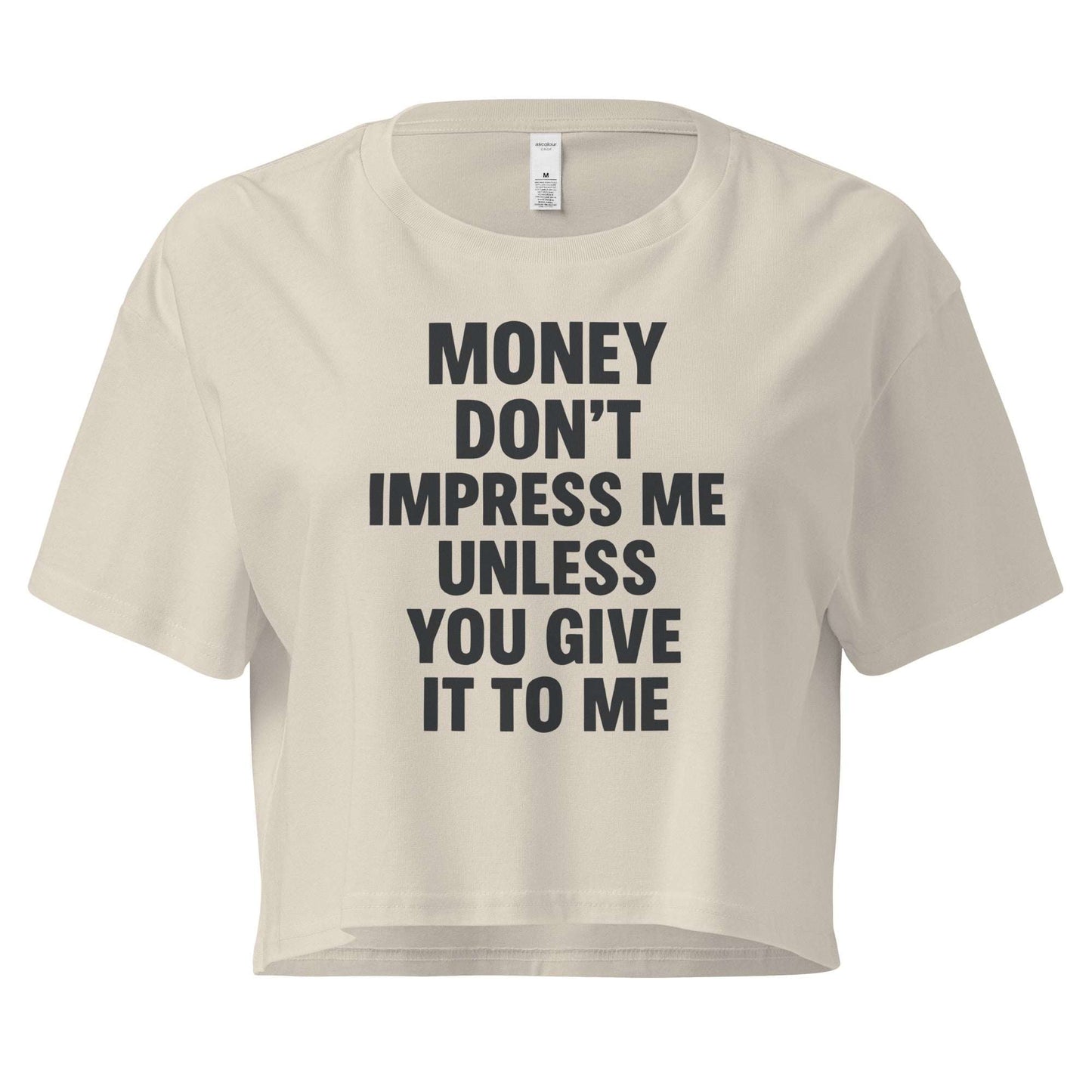 Beige crop top with black text on a white background