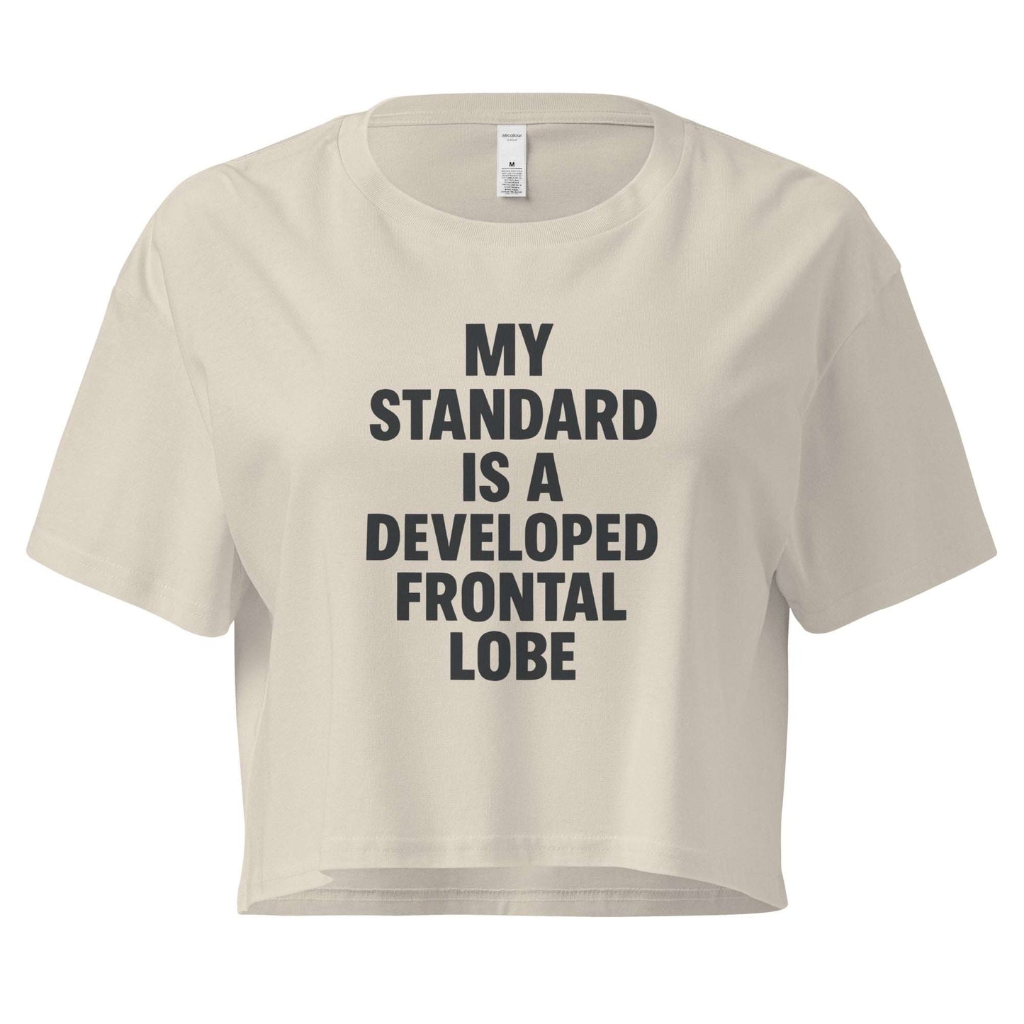 Beige crop top with black text on a white background