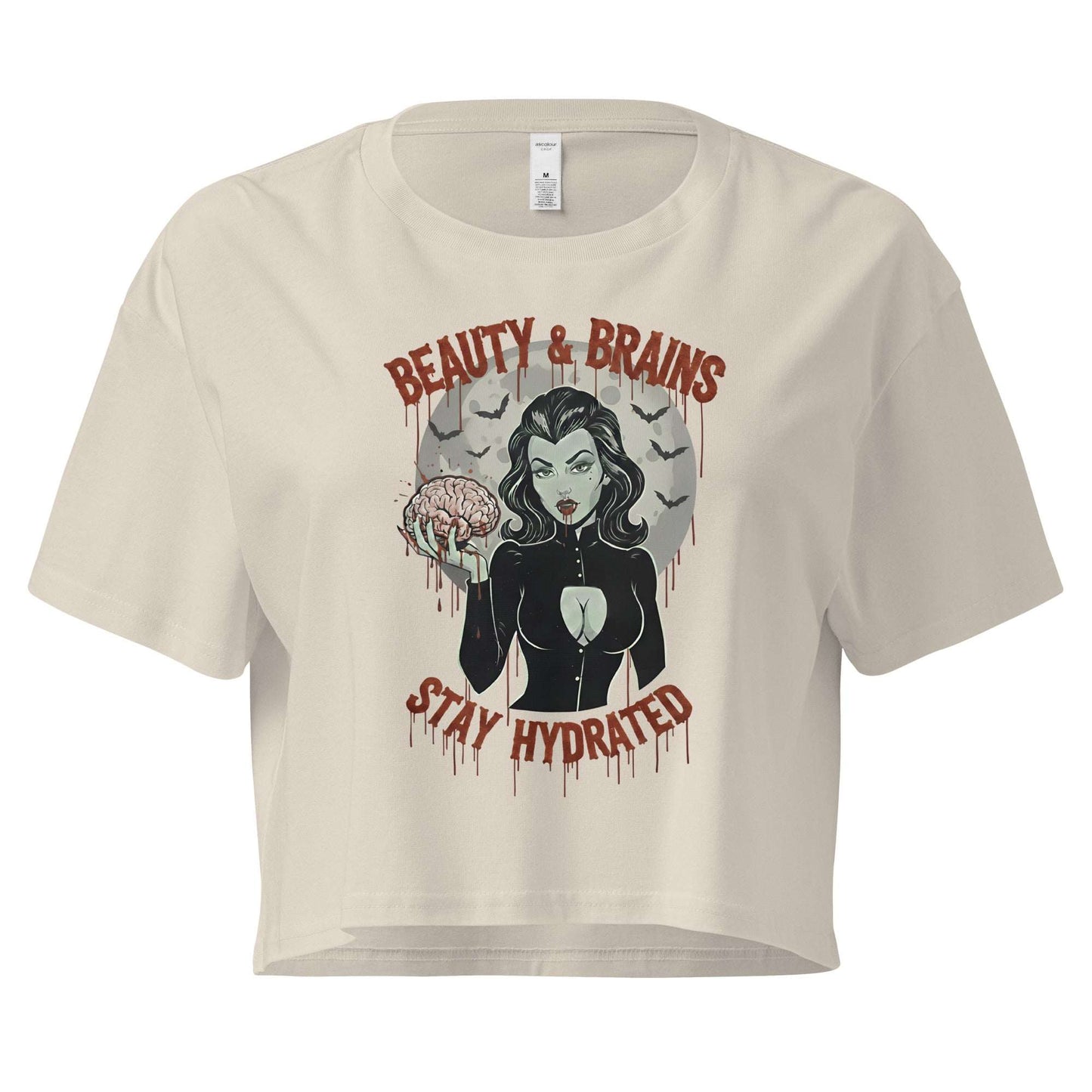 Beige t-shirt with graphic design featuring a woman and text 'Beauty & Brains Stay Hydrated' on a white background