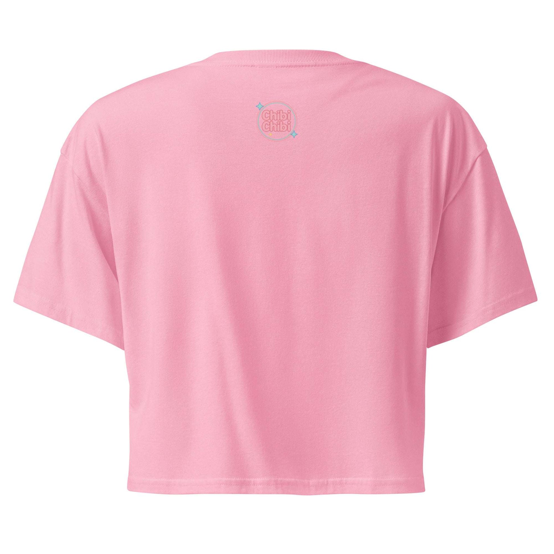 Pink t-shirt with a logo on the back against a white background