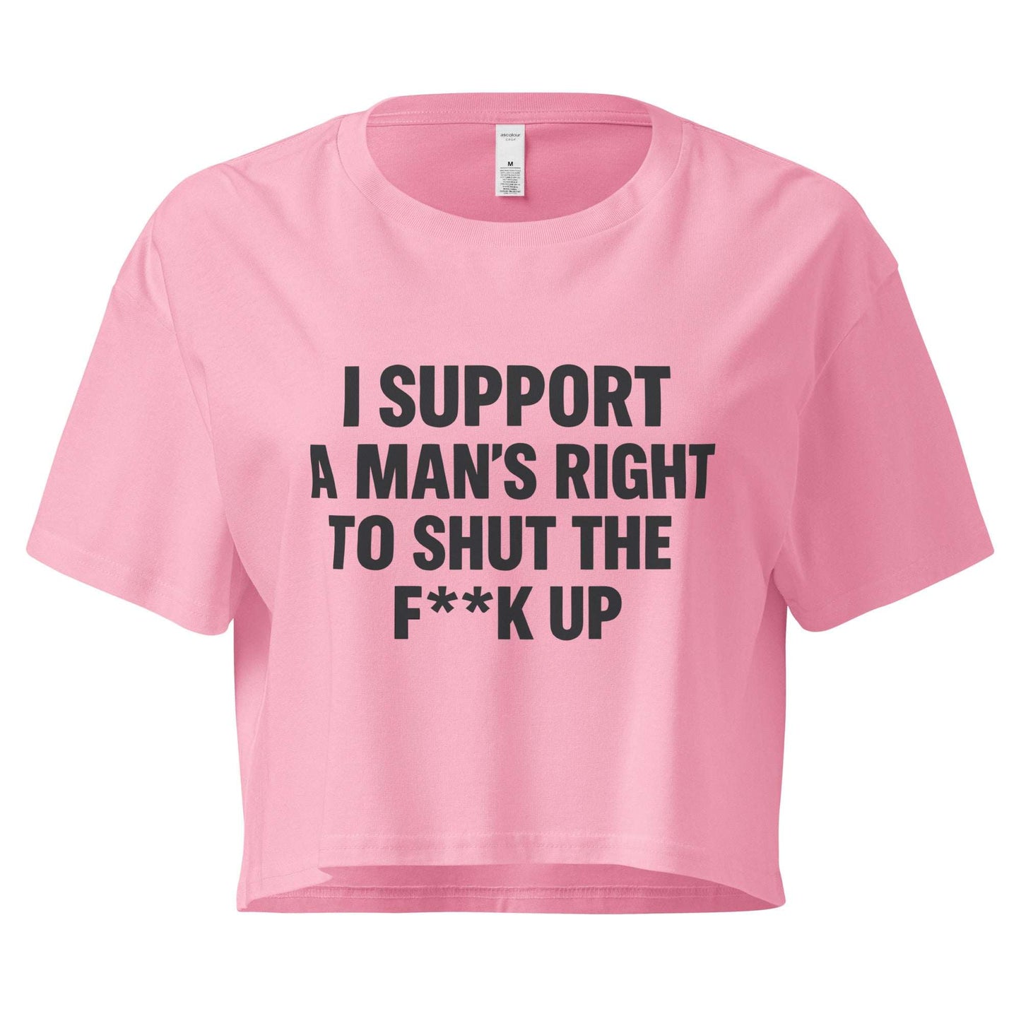 Pink t-shirt with black text on a white background