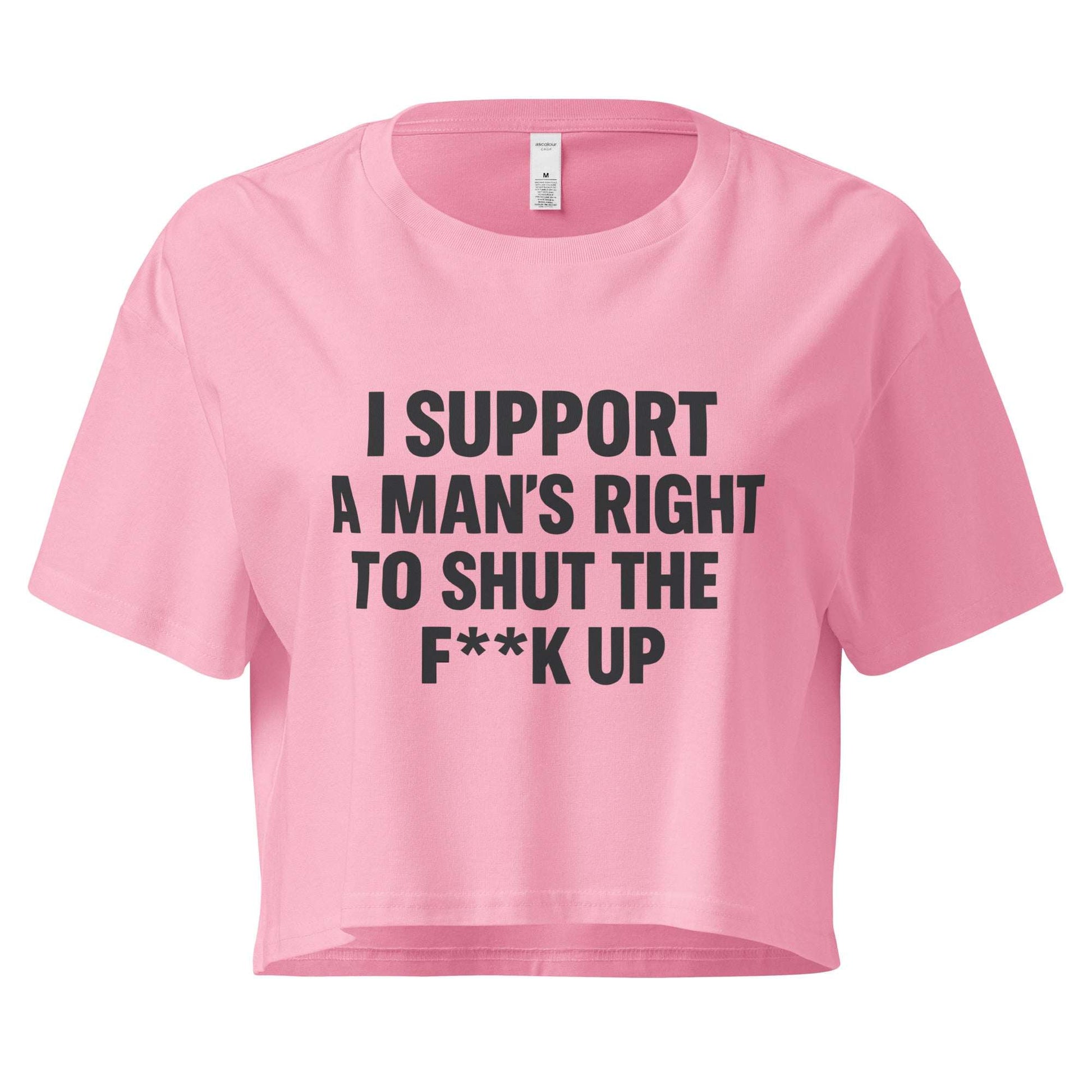 Pink t-shirt with black text on a white background