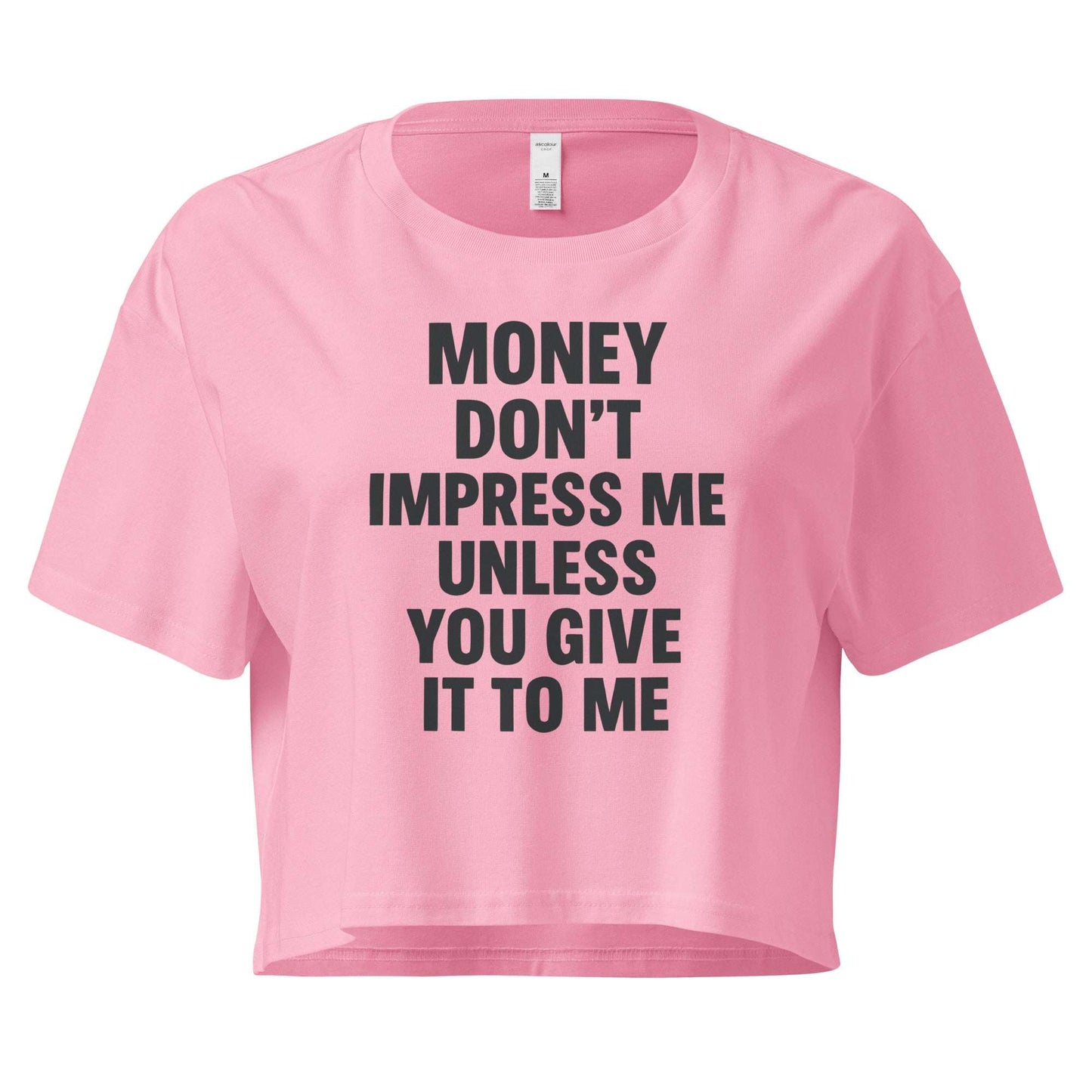 Pink crop top with black text on a white background