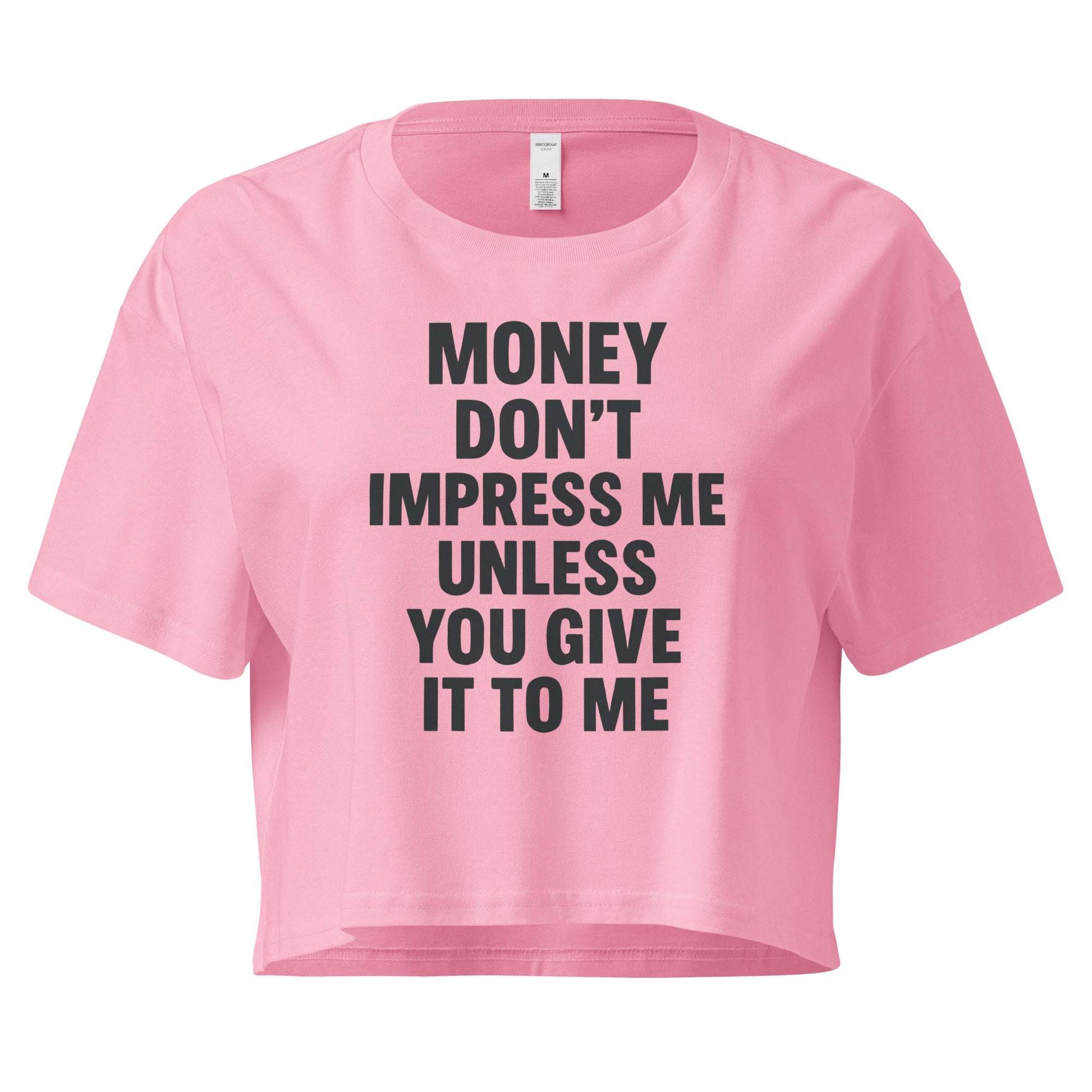 Pink crop top with black text on a white background