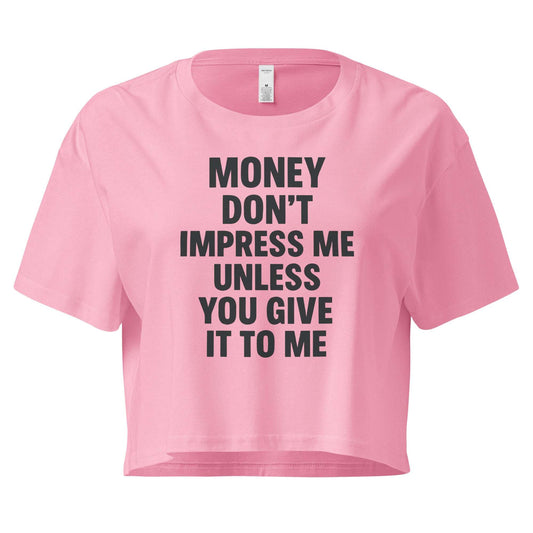 Pink crop top with black text on a white background