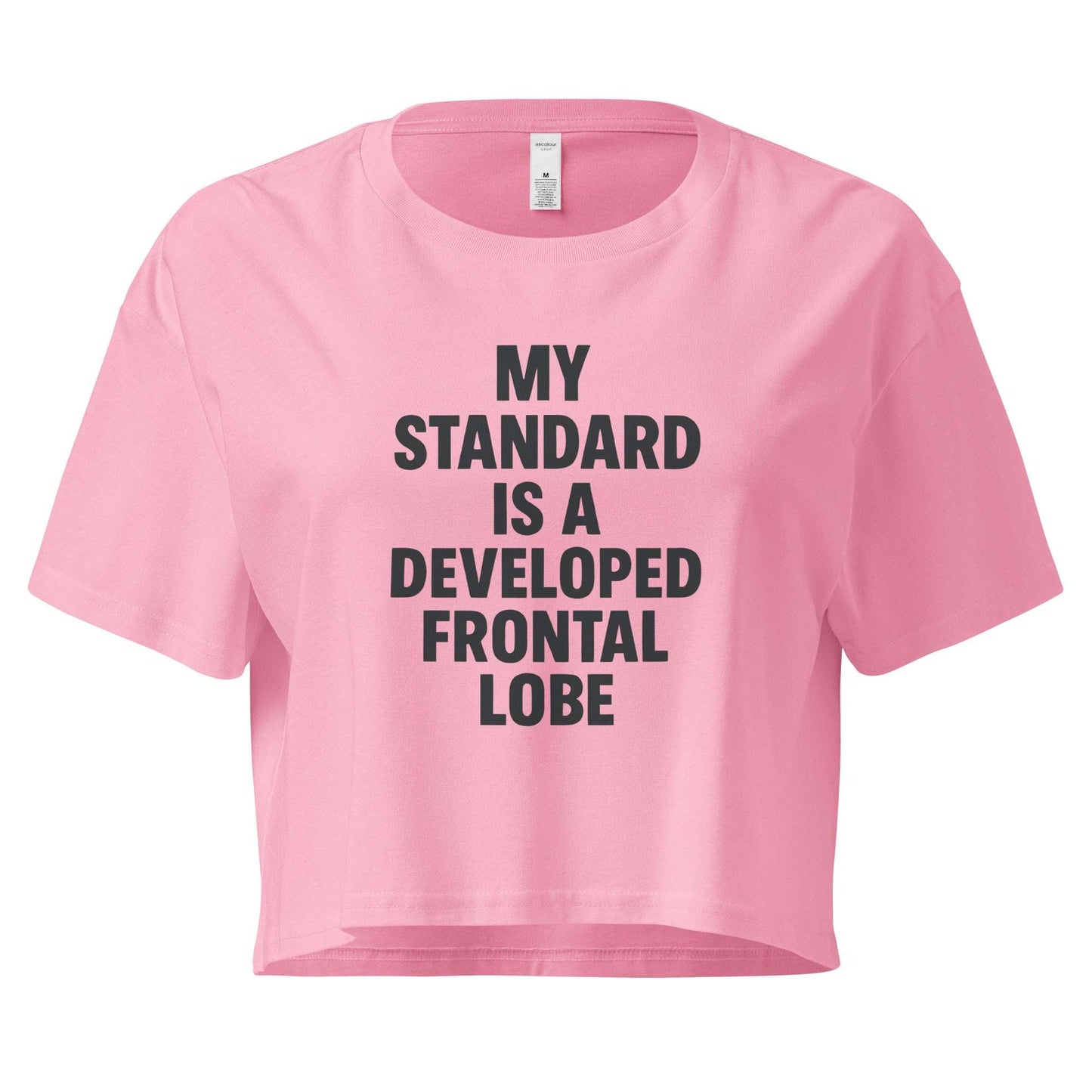 Pink crop top with black text on a white background
