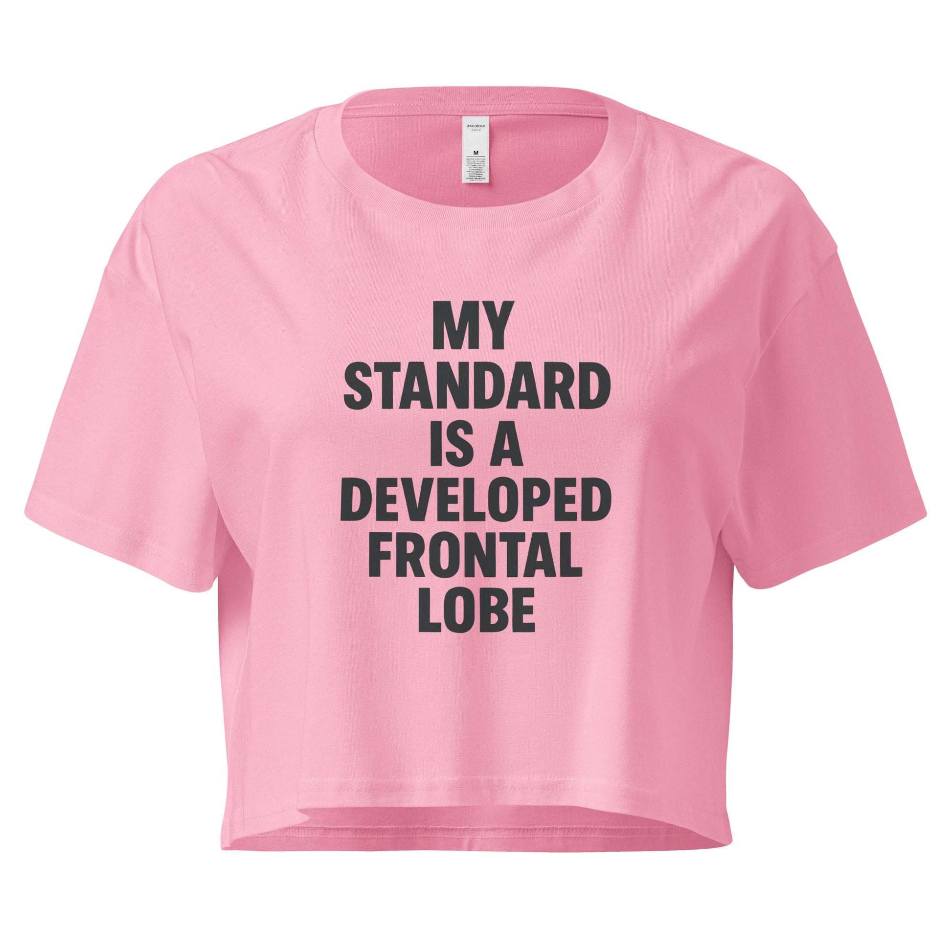 Pink crop top with black text on a white background